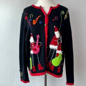 Vintage 90s Christmas Sweater Music Notes Guitar Santa Black red size XL Womens